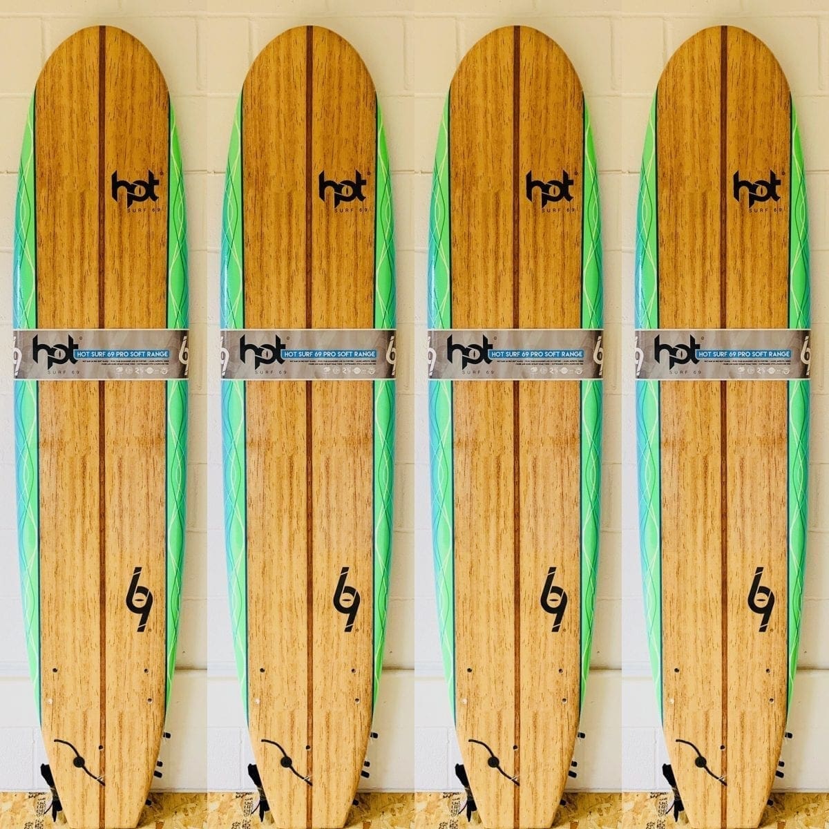 9″0 ft Hot Surf 69 Soft Longboard Beginners Surfboard Log Wood Inc fins wax leash Piran Surf