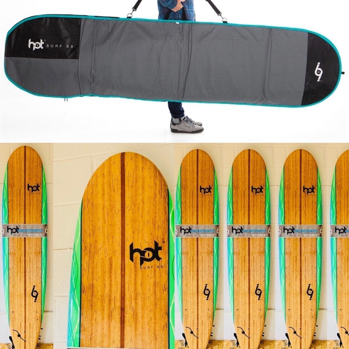 8ft Hot Surf 69 Soft Beginners Surfboard Package Deal Bag / leash / wax